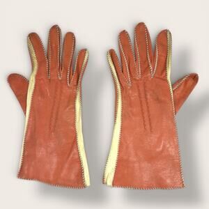 Vintage Kin Kid Leather Colorblock Gloves Ivory Orange Tablecut Size 6.5 1950s